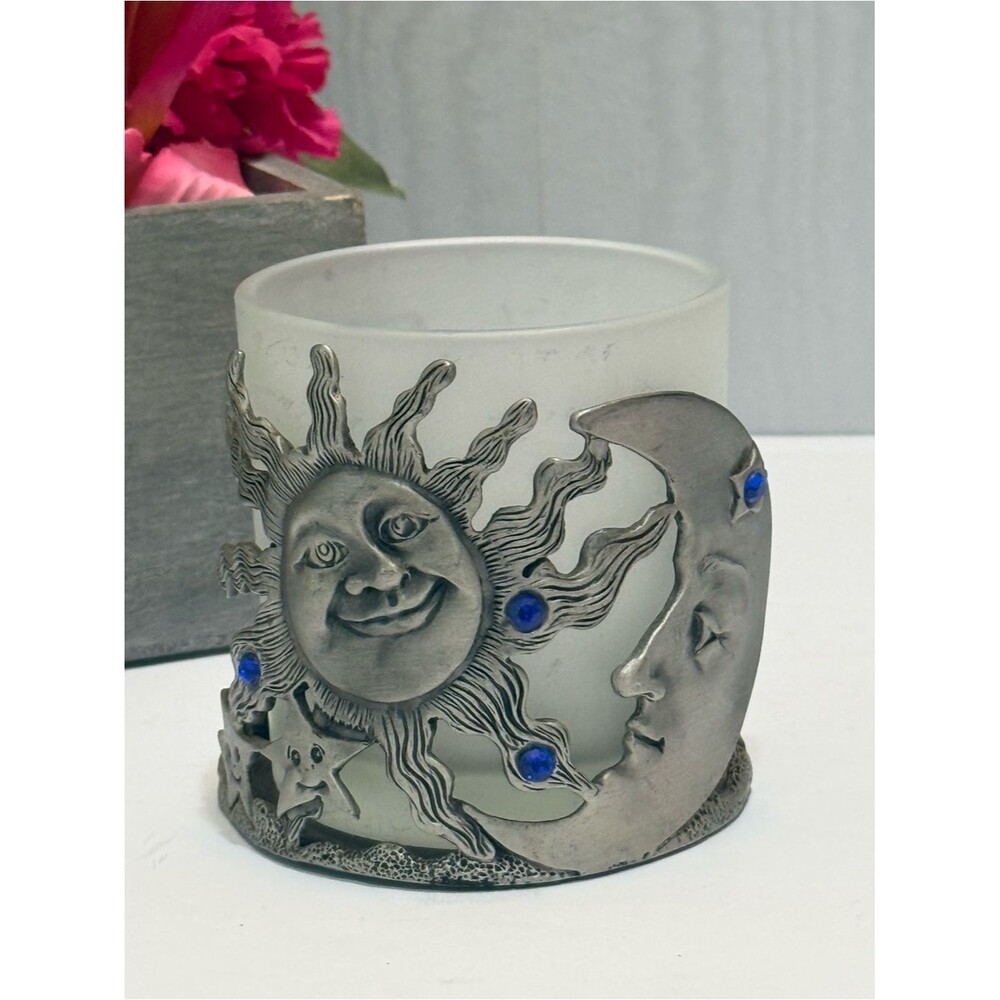 Vintage 90s Pewter Celestial Sun Moon Votive Candle Holder Blue Rhinestones